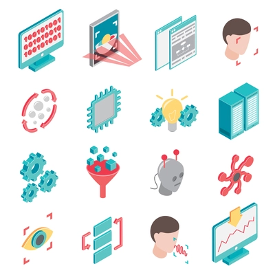 Machine learning isometric set of isolated icons with computer gear and robotic elements of neuron network vector illustration