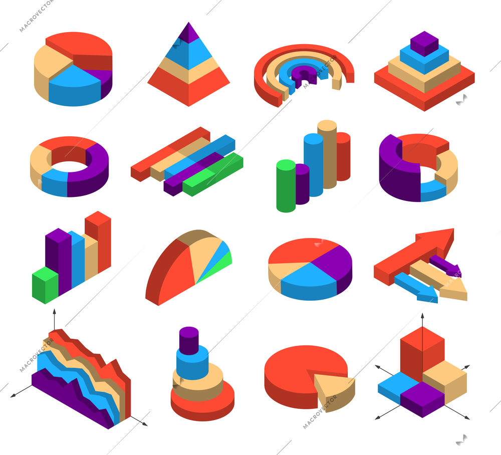 Set of sixteen isometric diagram elements for infographics layout in shape of segment bar column round pyramid arrow cube isolated vector illustration