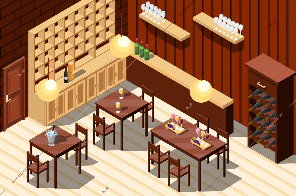 Isometric wine restaurant indoor composition with room interior shelves with bottles and served tables with chairs vector illustration