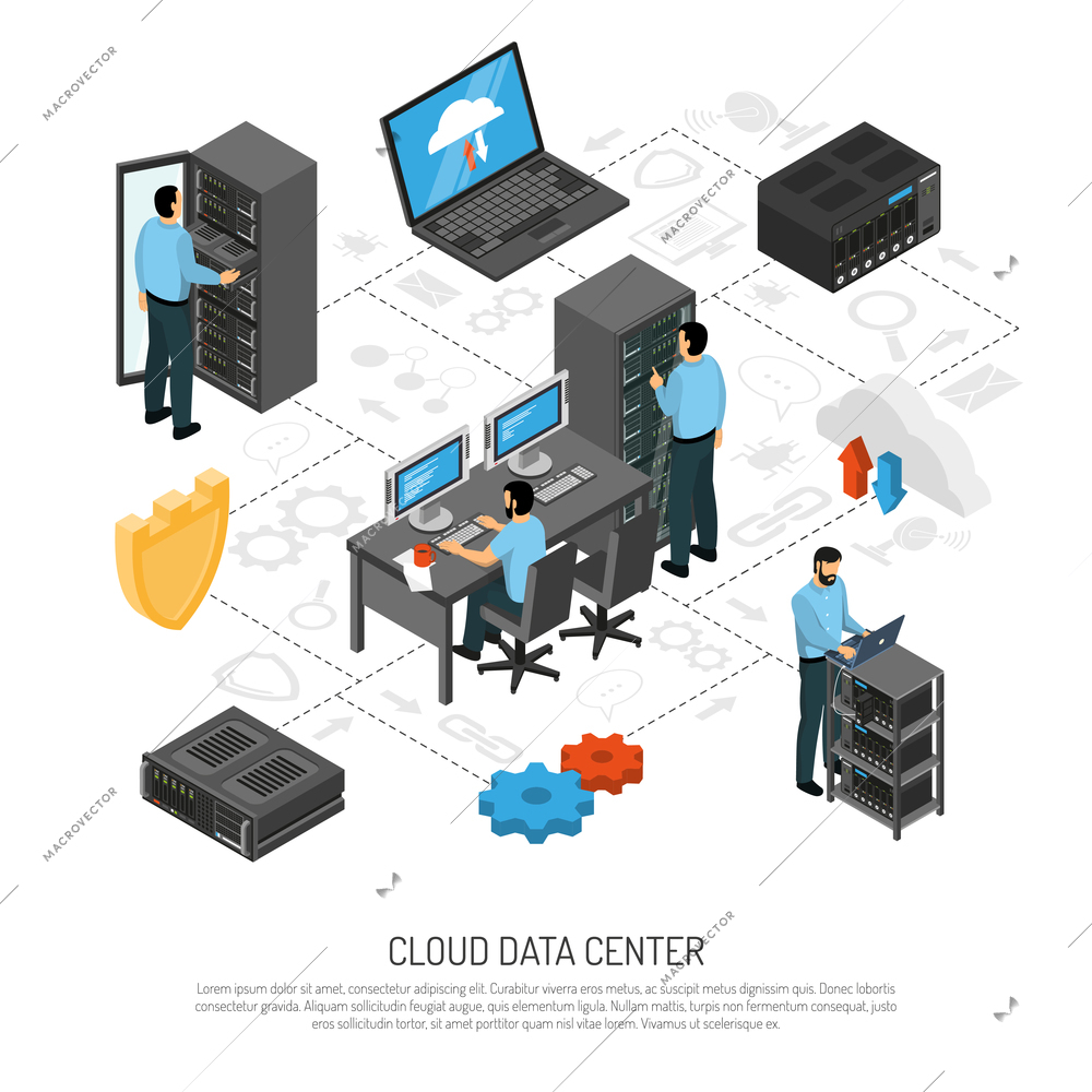 Cloud data center isometric flowchart with technical staff and racks of server units vector illustration