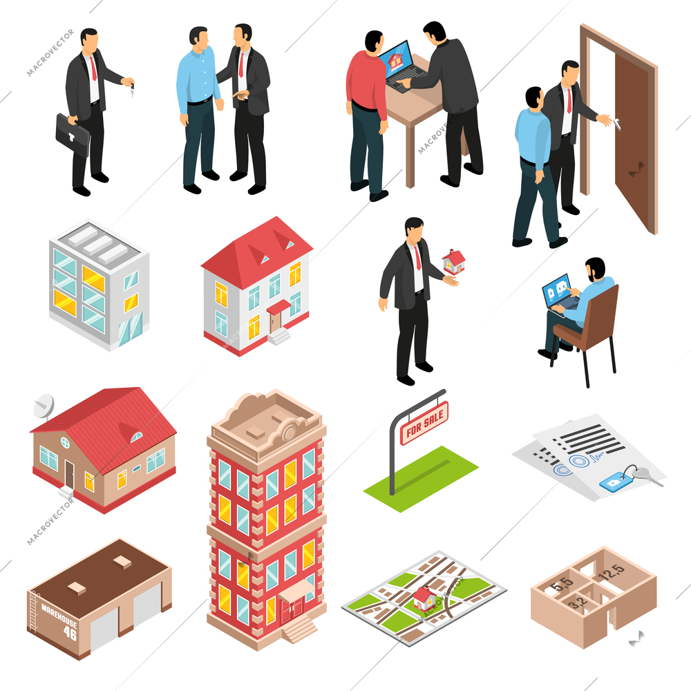 Real estate agency isometric set with customers realtors and various types of buildings isolated vector illustration
