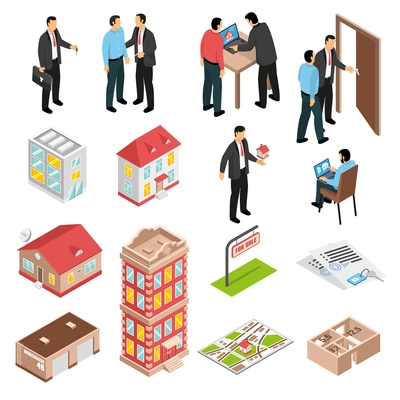 Real estate agency isometric set with customers realtors and various types of buildings isolated vector illustration