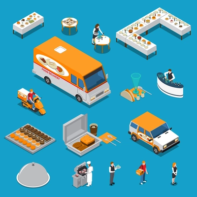 Catering set of isometric icons with chef and waiters, eating on tables, food delivery isolated vector illustration