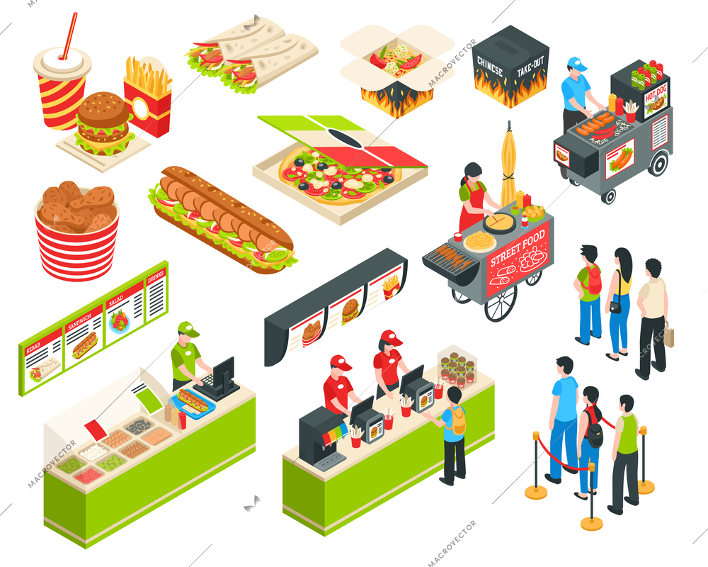 Fast food cart cafe restaurant isometric icons collection with pizza grilled sausages and delivery packages isolated vector illustration