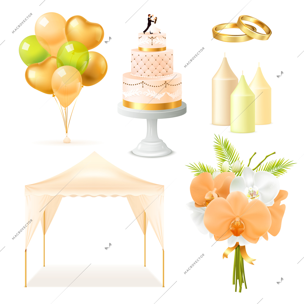 Wedding elements realistic set with outdoor tent, cake, candles, rings, bunch of flowers, balloons isolated vector illustration