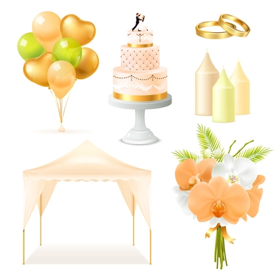 Wedding elements realistic set with outdoor tent, cake, candles, rings, bunch of flowers, balloons isolated vector illustration