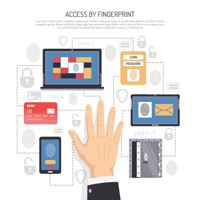 Access by fingerprint flat composition with male hand, information security system on electronic personal devices vector illustration