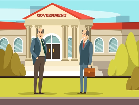 Colored orthogonal municipal buildings composition government with two smiling employers in suits vector illustration