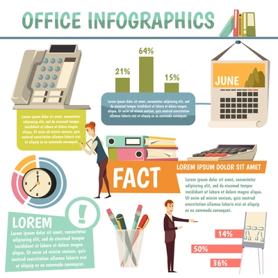 Office colored flat orthogonal infographics with information text percentage ratio and facts vector illustration