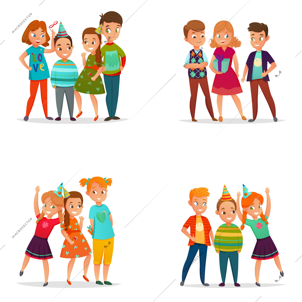 Playing little kids 4 retro cartoon icons square composition with birthday party cone hats isolated vector illustration