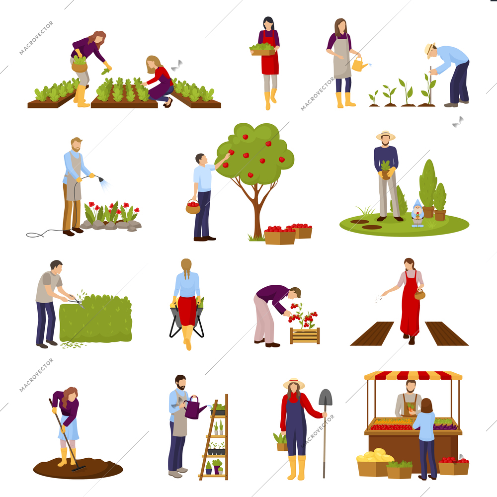 Horticulture and gardening flat set with people growing plants, flowers, fruits, sale of crop isolated vector illustration