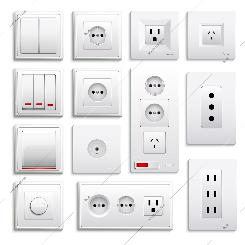 Set of realistic switches and sockets of various type isolated on white background 3d vector illustration