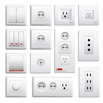 Set of realistic switches and sockets of various type isolated on white background 3d vector illustration