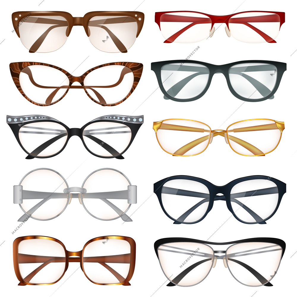 Modern male and female eyeglasses with various frames realistic set isolated on white background vector illustration