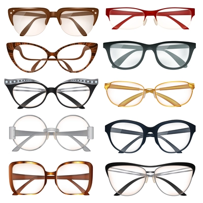 Modern male and female eyeglasses with various frames realistic set isolated on white background vector illustration