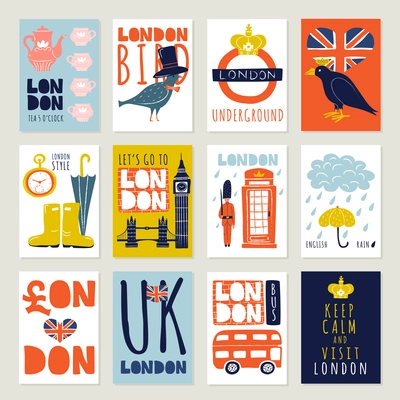 Set of posters and banners with london symbols including architecture, tea, weather, bus, birds isolated vector illustration