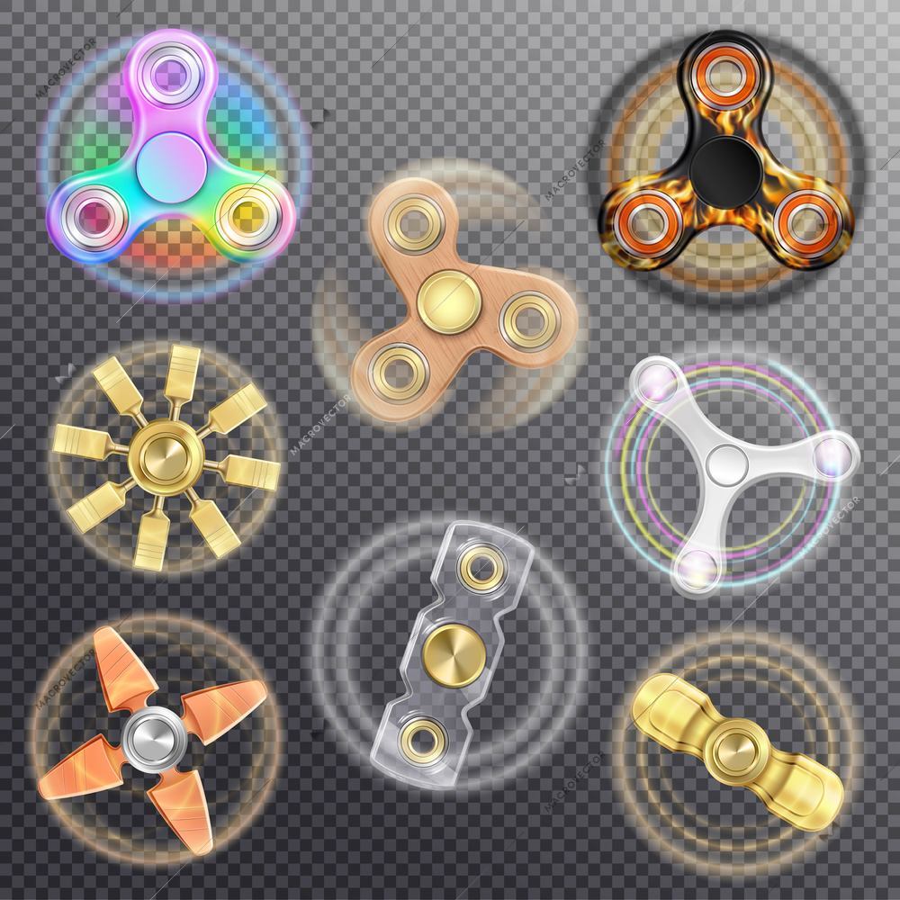 Fidget finger spinner realistic transparent set with isolated hand spinner images design on transparent background vector illustration