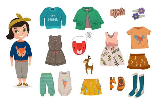 Flat baby girl fashion icon set smiling child with a set of clothes from her closet vector illustration