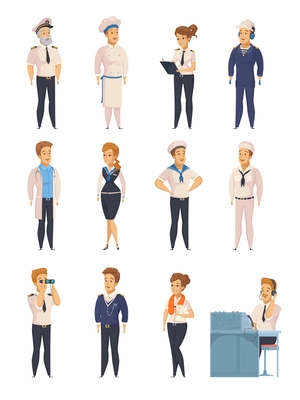 Yacht ship cruise liner crew characters cartoon icons set with captain cook stewardess sailor isolated vector illustration