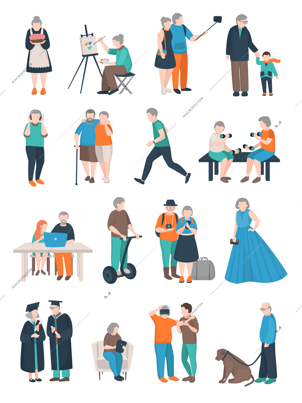 Modern aged people flat set of isolated doodle style human characters of various elderly people activities vector illustration