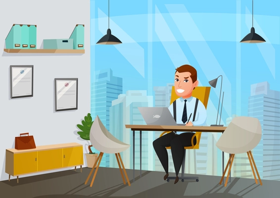 Colored and flat man in office illustration with businessman behind laptop in his office vector illustration