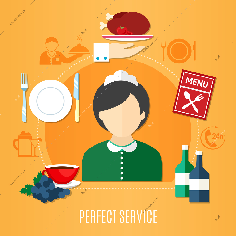 Restaurant service concept with female waiter silhouette and served dishes on orange background flat vector illustration