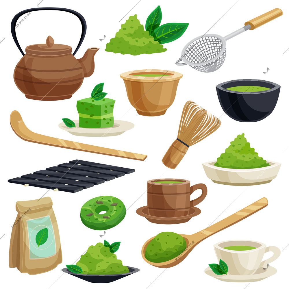 Japanese traditional tea ceremony icons set including green matcha powder tools whisk bowl spoon teapot  vector illustration