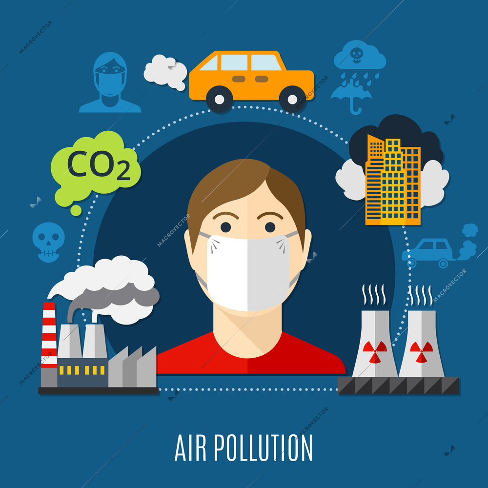 Air pollution concept with factory and carbon dioxide symbols flat vector illustration