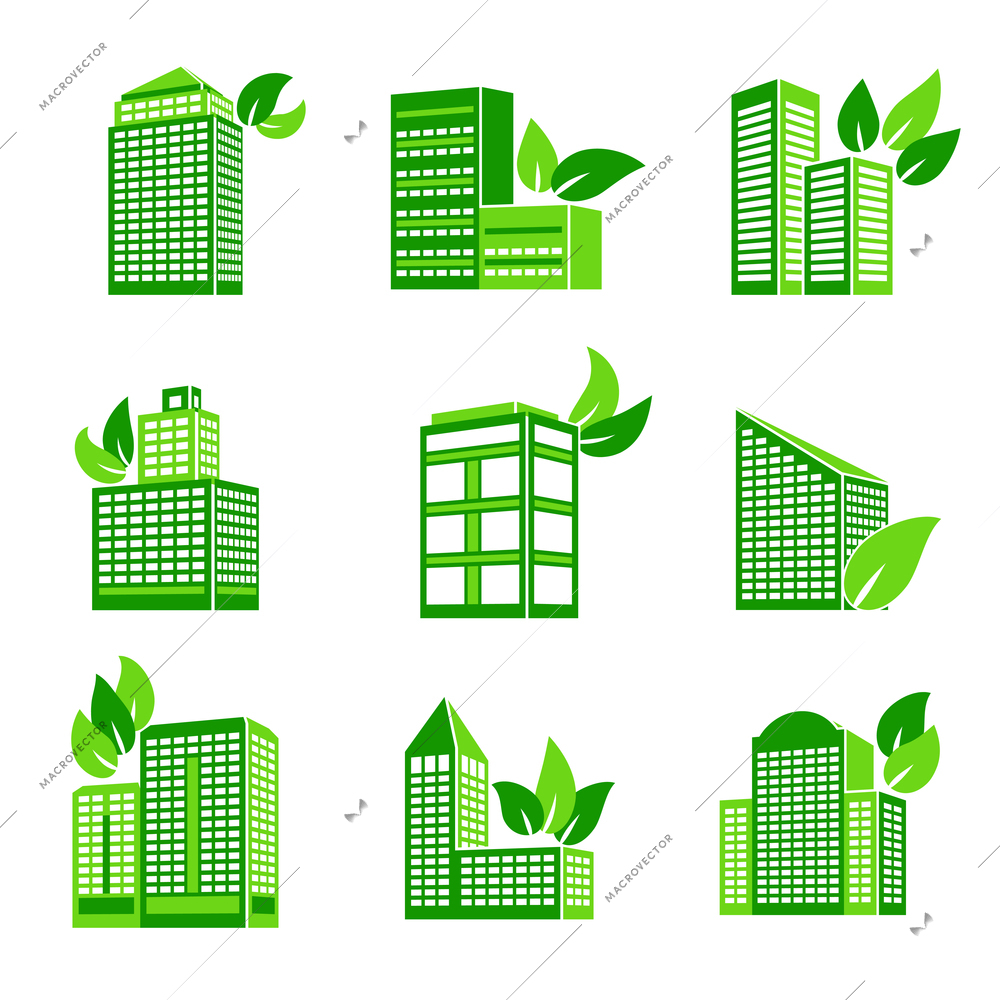 Business modern urban office green leaves eco buildings icons isolated vector illustration