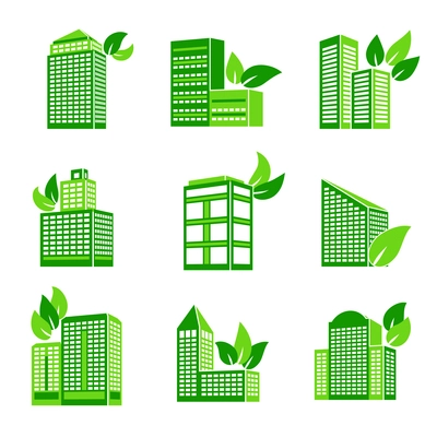 Business modern urban office green leaves eco buildings icons isolated vector illustration