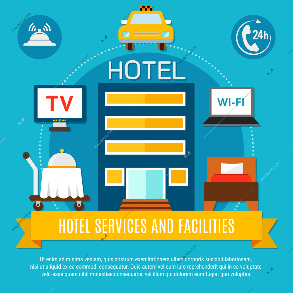 Hotel services and facilities vector illustration with abstract modern hotel building and amenities icons