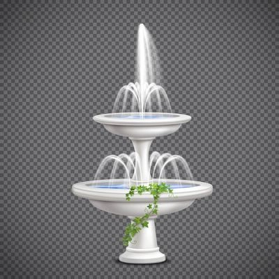Two tier white cascade water fountain with climbing ivy plant realistic image on transparent background vector illustration