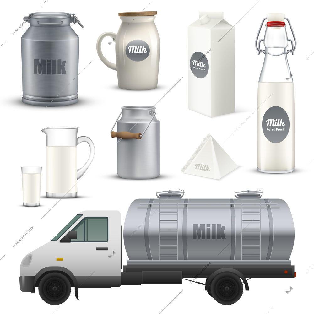 Product milk in metallic, glass and cardboard container realistic set including truck with tank isolated vector illustration