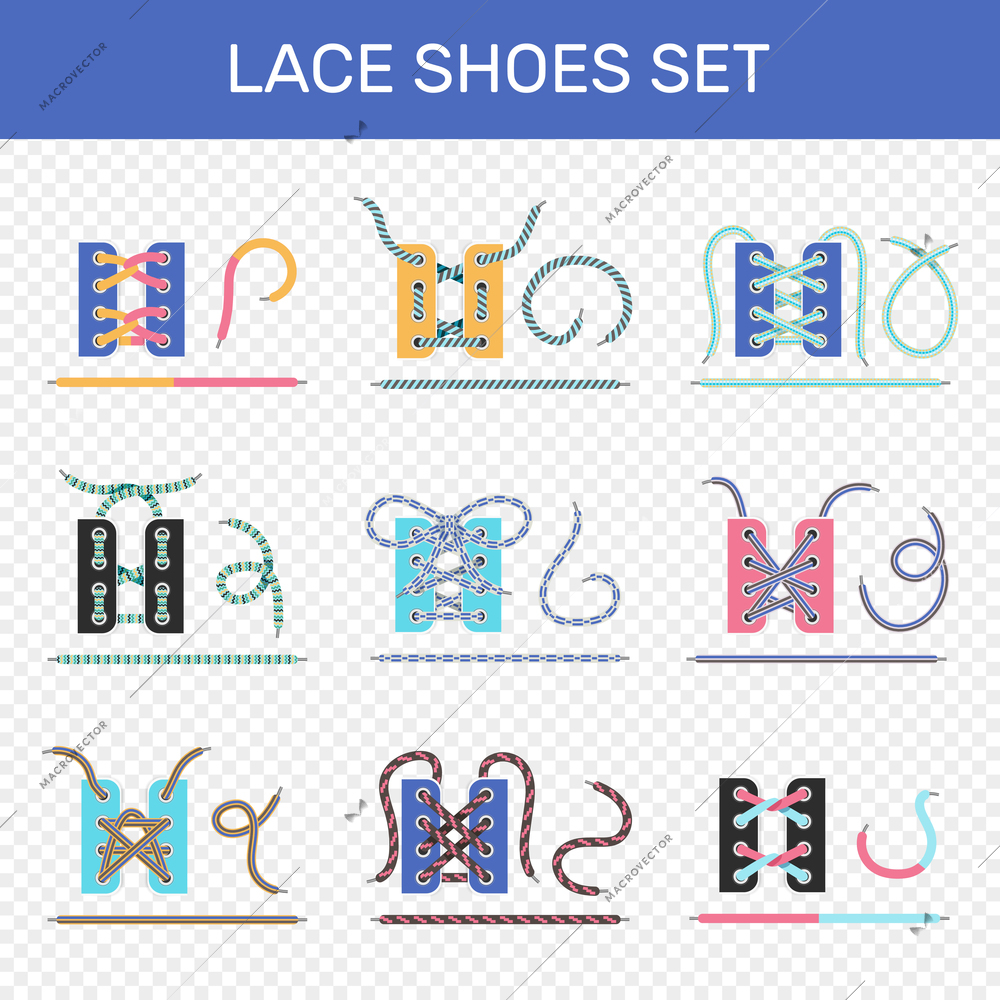 8 ways to lace sport shoes colorful icons collection on transparent background isolated vector illustration