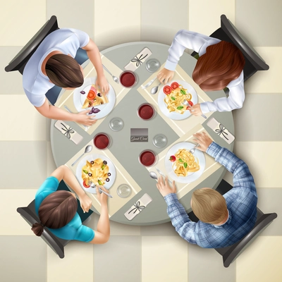 Four characters eating italian dishes at table top view realistic vector illustration