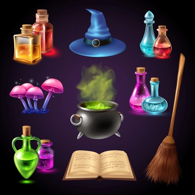 Halloween realistic set with various objects for witches isolated on black background vector illustration