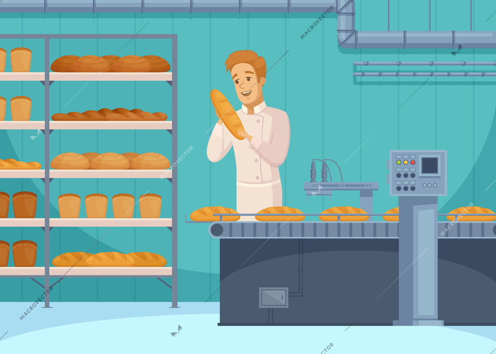 Bread production cartoon composition with smiling worker, loafs on conveyor line, shelves with flour products vector illustration