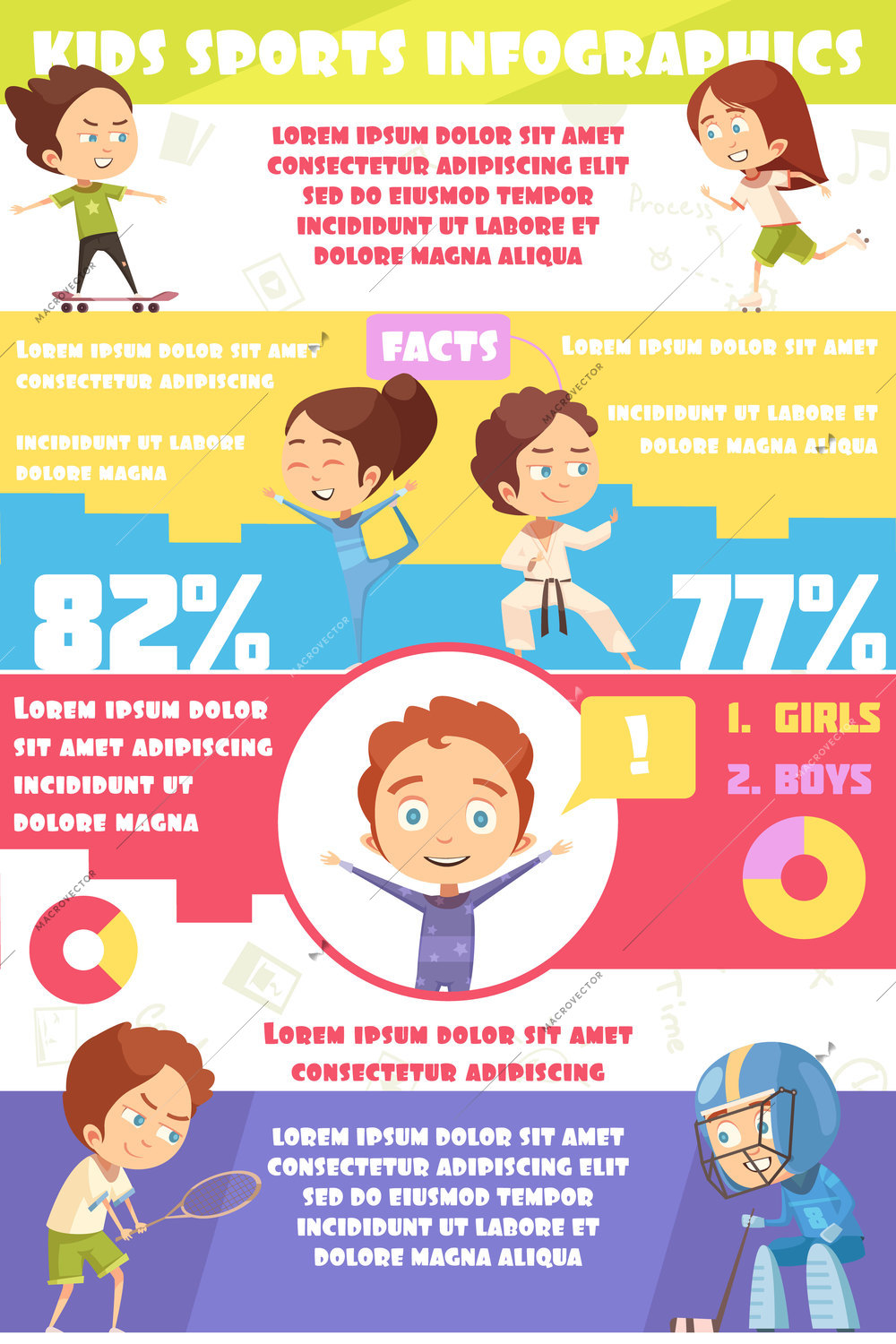 Kids sport infographics template with employment statistics for girls and boys in various sports flat vector illustration