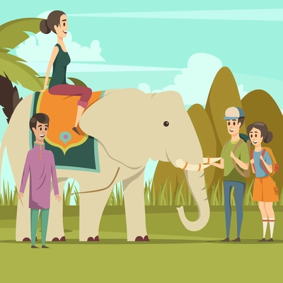 Colorful background with smiling young indian woman riding on elephant native boy and tourists flat vector illustration