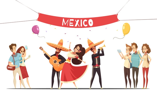 Traditional mexico festival design concept with musicians in native costumes and audience with camera flat vector illustration