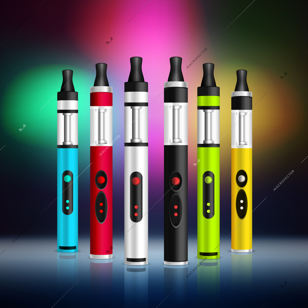 Realistic vaping devices of various color on blurred colorful background vector illustration