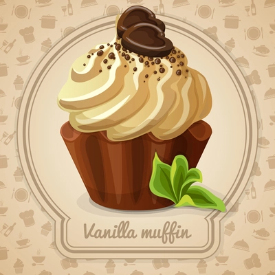 Vanilla muffin dessert with cream label and food cooking icons on background vector illustration