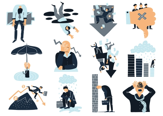 Business failure flat icons collection with thumb down falling from mountain drowning and decrease symbols isolated vector illustration