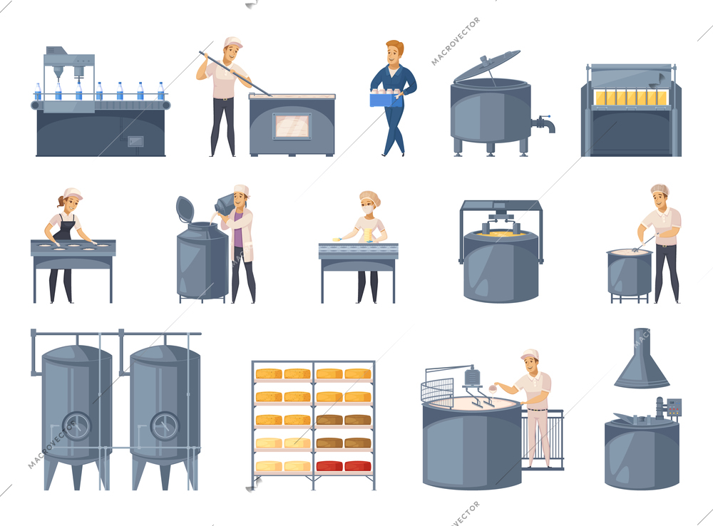 Dairy production set of cartoon icons with milk processing, cheese making, workers of factory isolated vector illustration