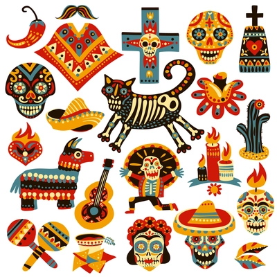 Set of mexican holiday symbols of day of dead including skulls, sombrero, music instruments isolated vector illustration