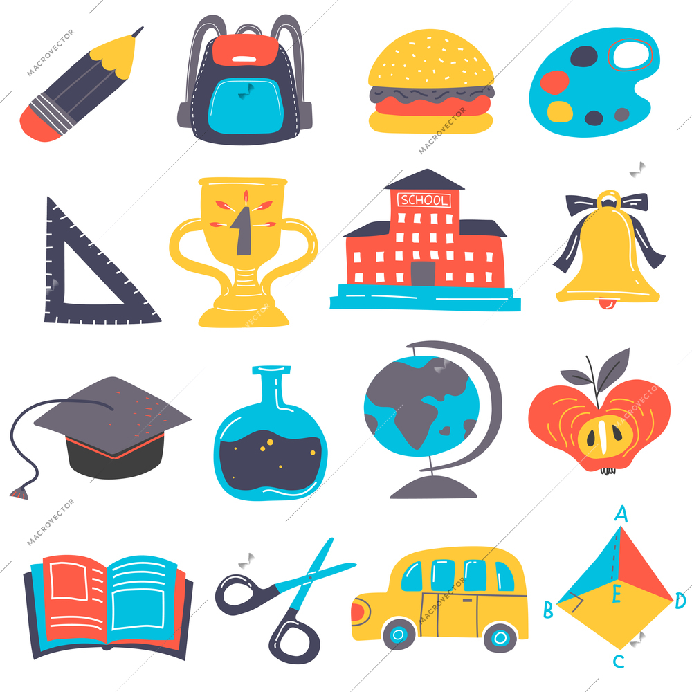 Cartoon isolated and colored back to school icon set with elements and attributes of education vector illustration