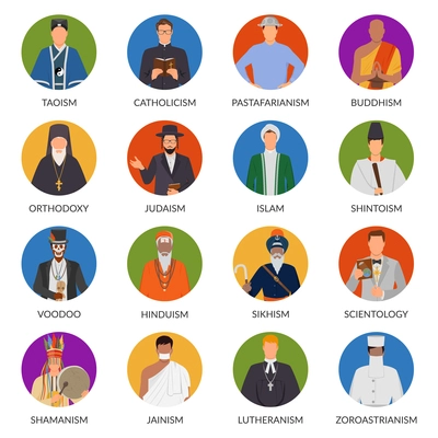 Set of flat avatars of people from world religions including shinto, christianity, voodoo, judaism isolated vector illustration