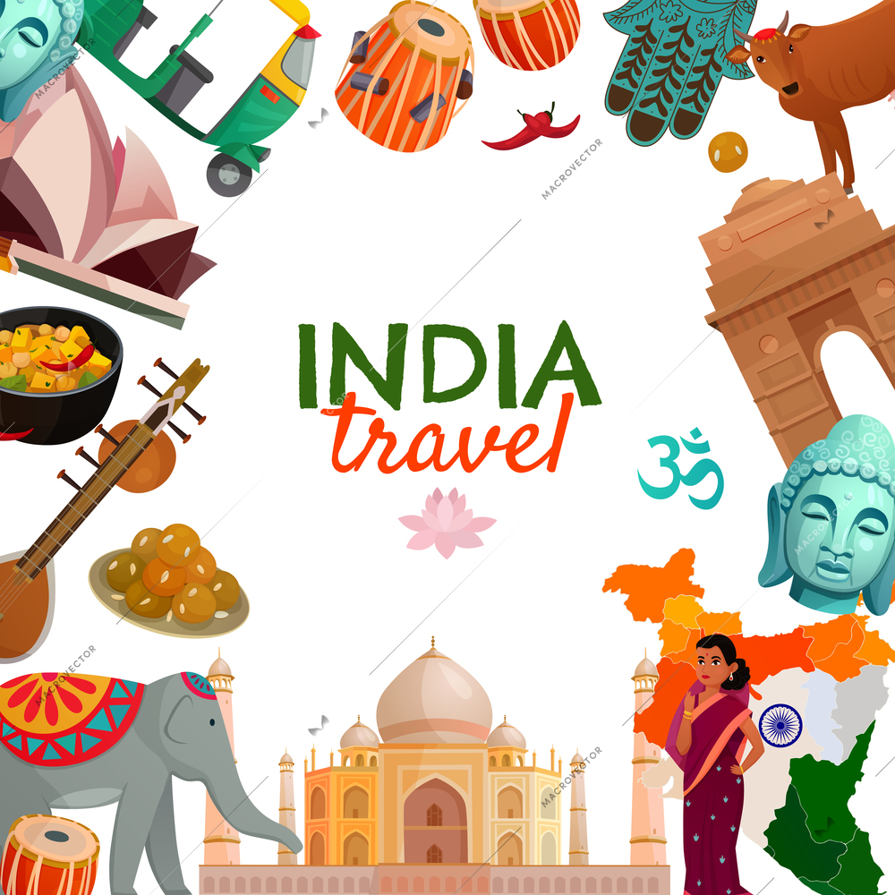 India travel frame with indian traditional architecture cuisine musical instruments and other symbols on white background cartoon vector illustration