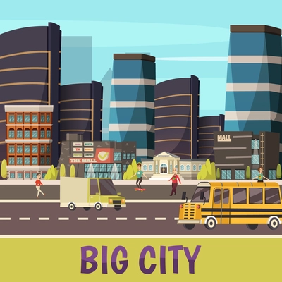 Big city orthogonal background with skyscrapers pedestrians and cars riding on  town street flat vector illustration