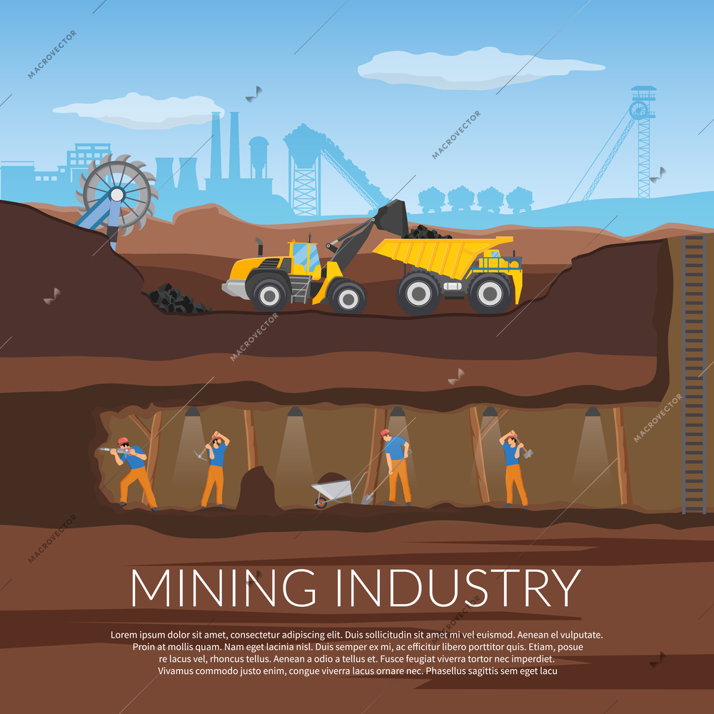 Miners with tools under ground flat composition with industrial equipment on background of plant silhouette vector illustration